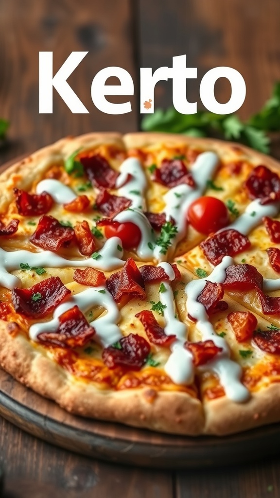 A delicious keto pizza topped with crispy bacon and ranch dressing.