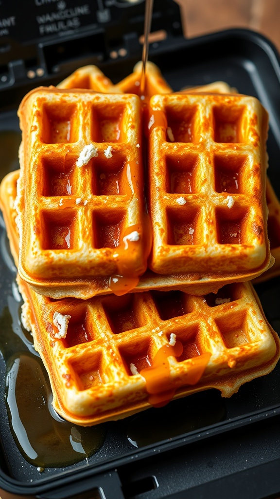 Crispy Belgian waffles stacked with syrup drizzled on top
