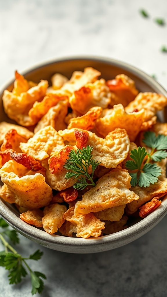 Bowl of crispy chicken skin cracklings garnished with herbs