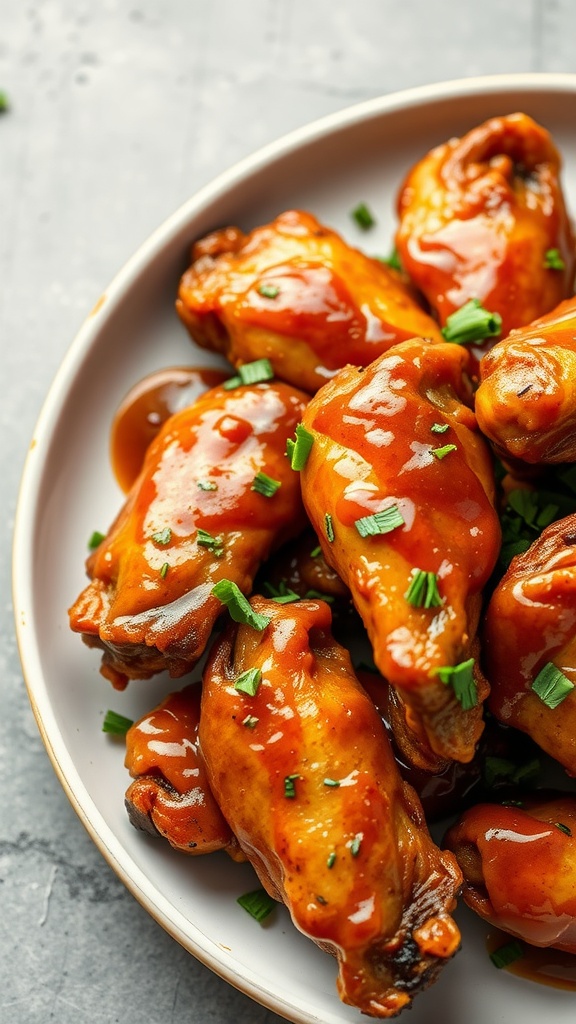 Crispy chicken wings coated in a delicious sauce, garnished with green onions.