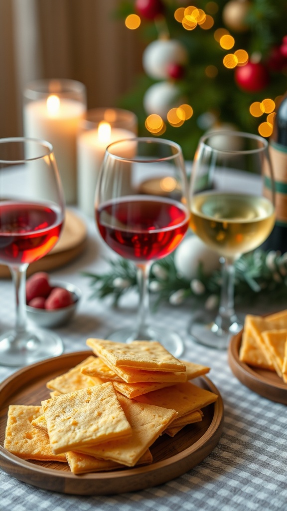 A plate of crispy Parmesan cheese wafers served with wine glasses and festive decorations.