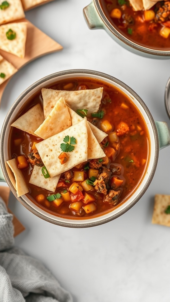 A bowl of keto taco soup with crispy tortilla strips alternative on top.