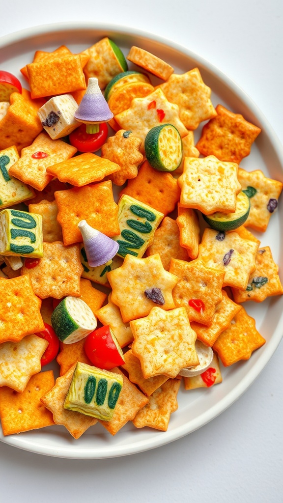 A plate of colorful crispy vegetable medley crackers in various shapes.