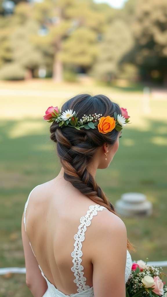 A woman with a crown braid hairstyle adorned with flowers, showcasing the back of her head in an outdoor setting.