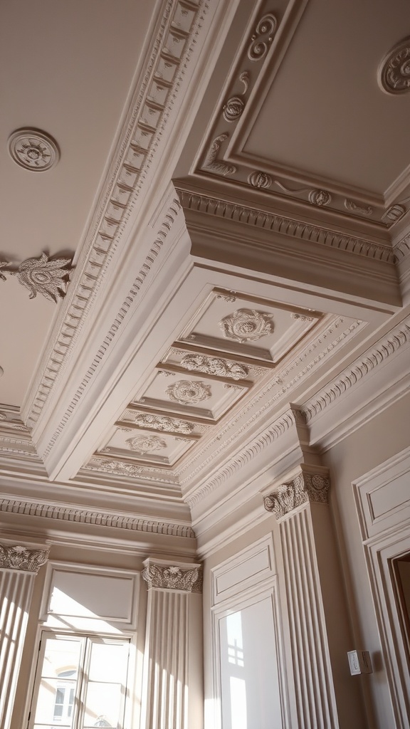 Intricate crown molding and architectural details in a neoclassical interior