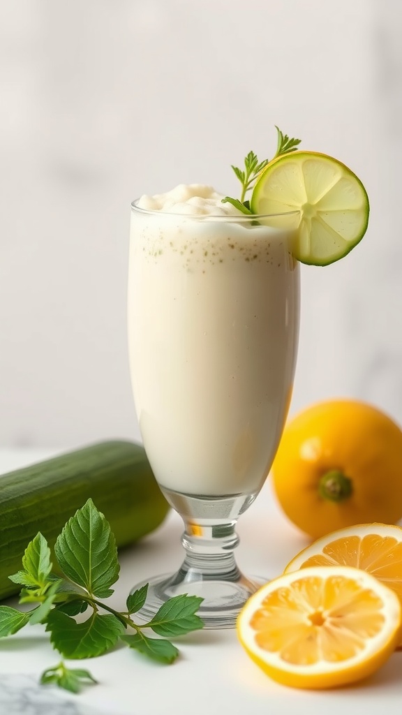 A refreshing cucumber and lemon hydration drink in a glass, garnished with a slice of lemon and herbs.