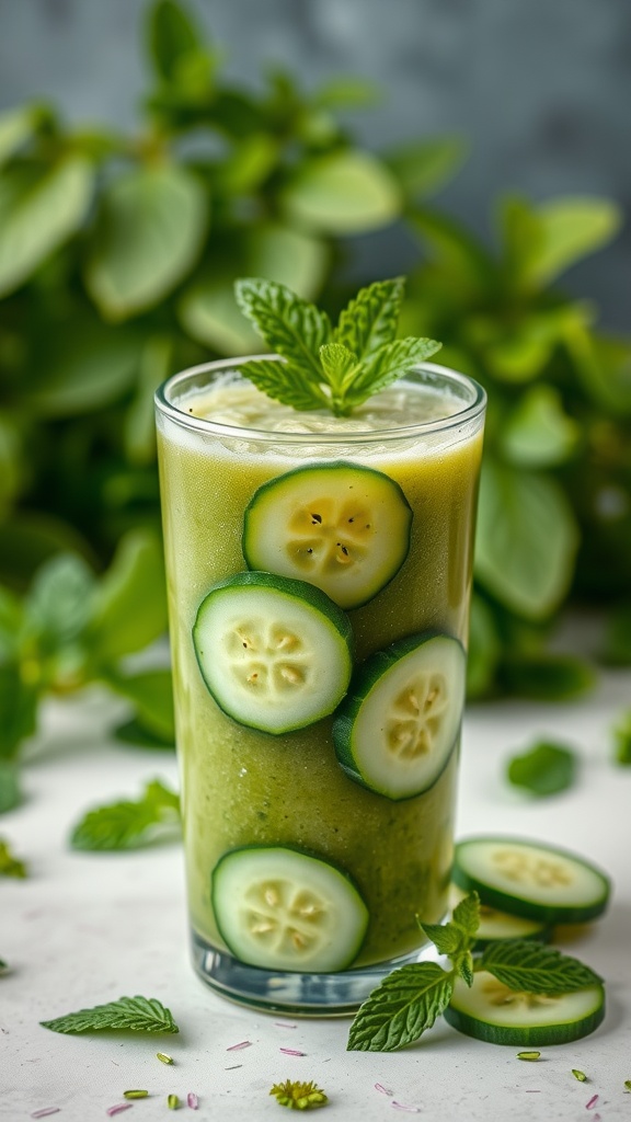 A refreshing cucumber mint smoothie in a glass, garnished with mint leaves and cucumber slices.