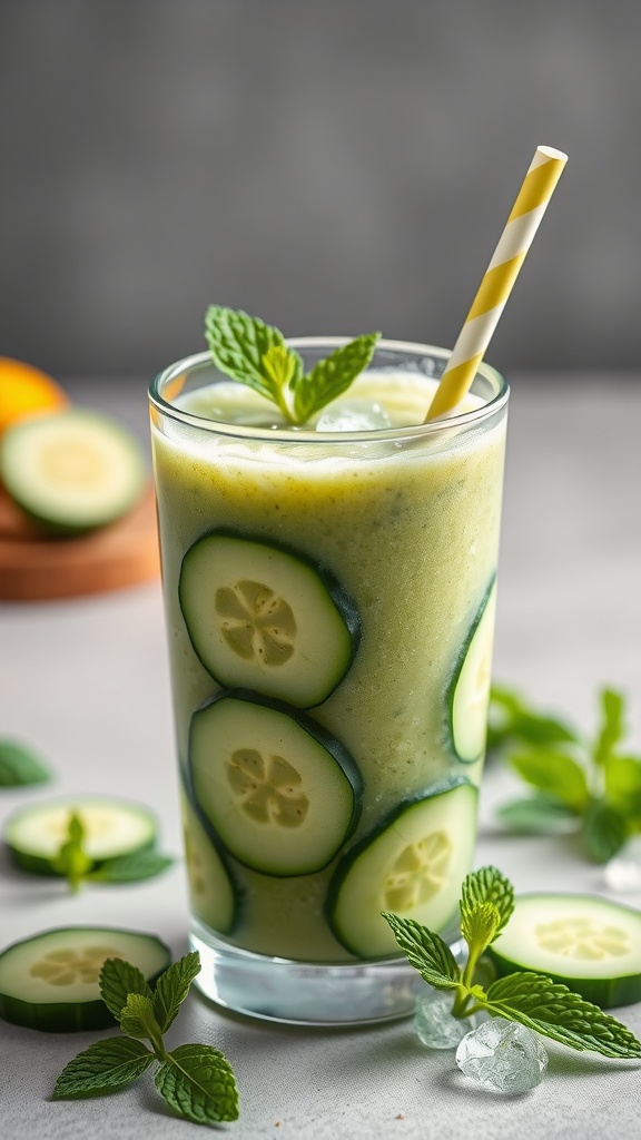 A refreshing Cucumber Mint Hydration Smoothie with cucumber slices and mint leaves.