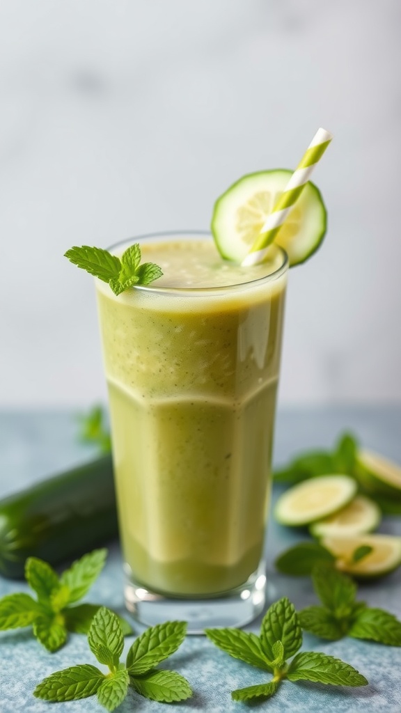 Cucumber Mint Smoothie in a glass with a straw and mint garnish