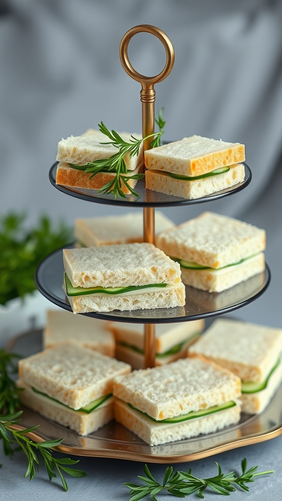 A tiered tray of freshly made cucumber sandwiches with herbs for garnish.