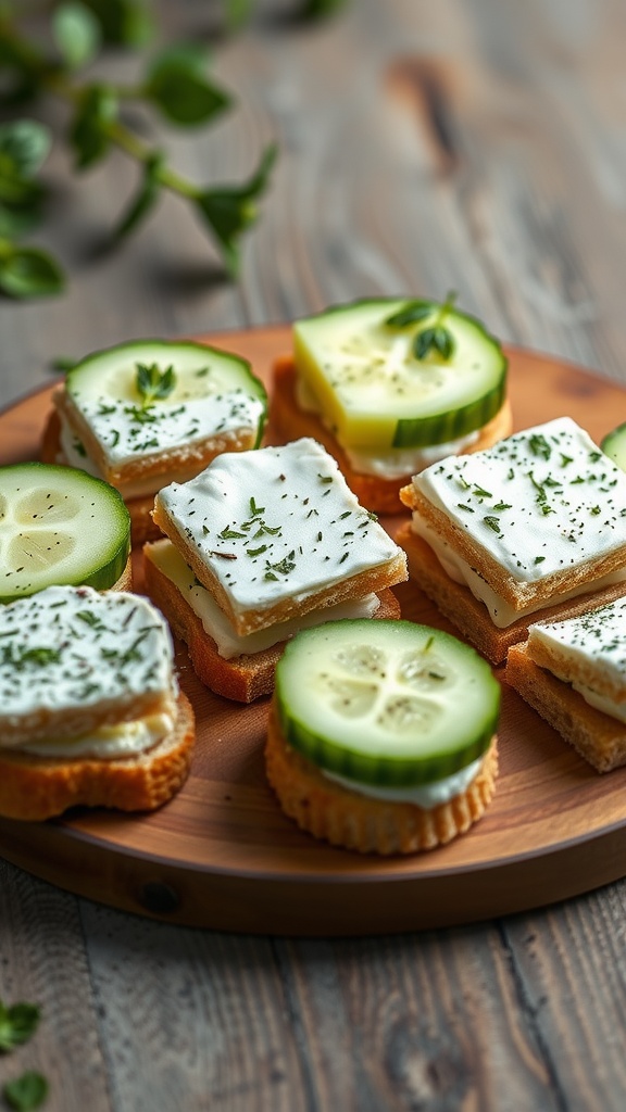 Cucumber sandwiches with cream cheese and herbs on a wooden platter