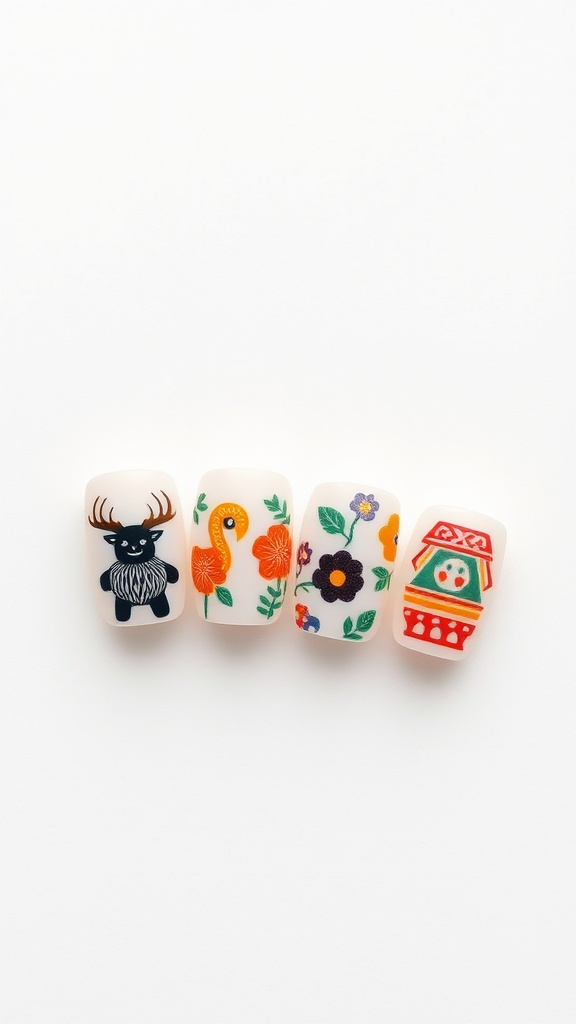 Colorful short square nails with cultural designs including animals and flowers.