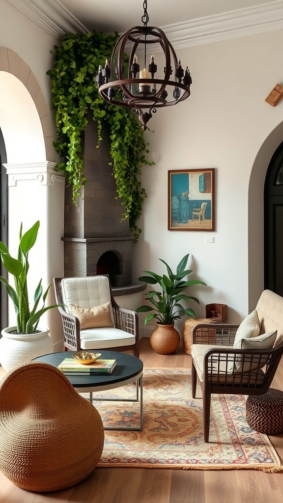 A cozy Mediterranean-style living area with plants, comfortable seating, and decorative accessories.