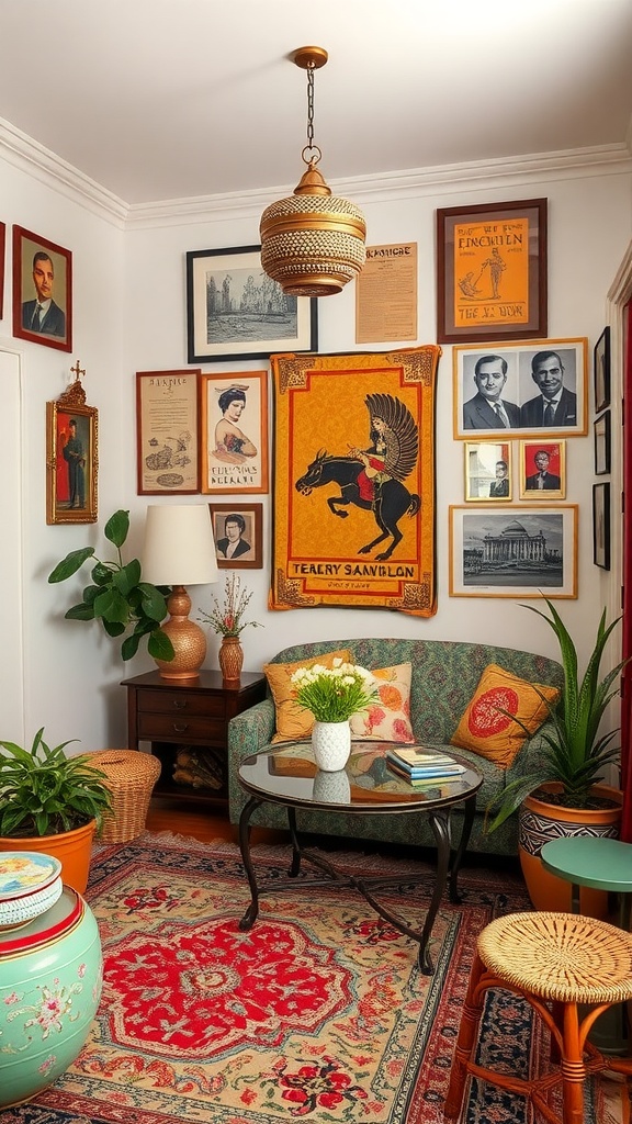 A cozy living space featuring diverse cultural decor, including artworks, plants, and a patterned rug.