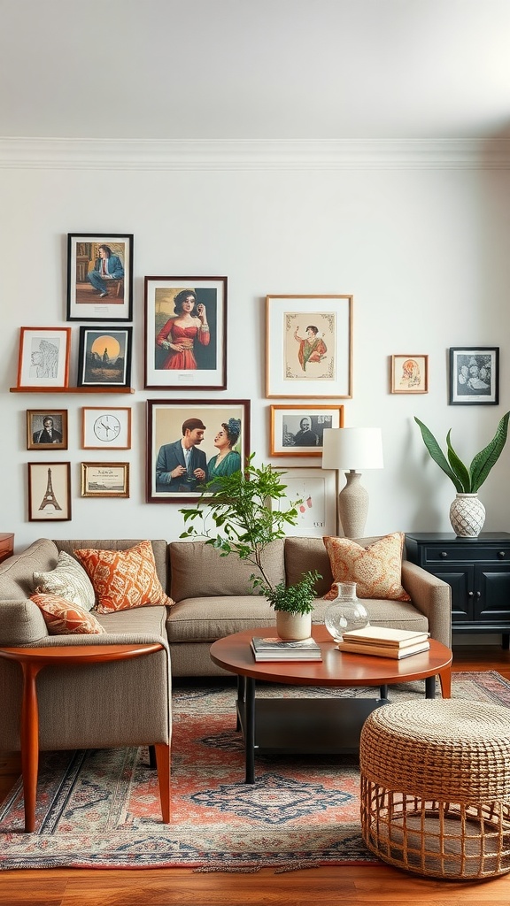 A beautifully arranged living room showcasing Italian decor with vintage artwork and cozy furnishings.