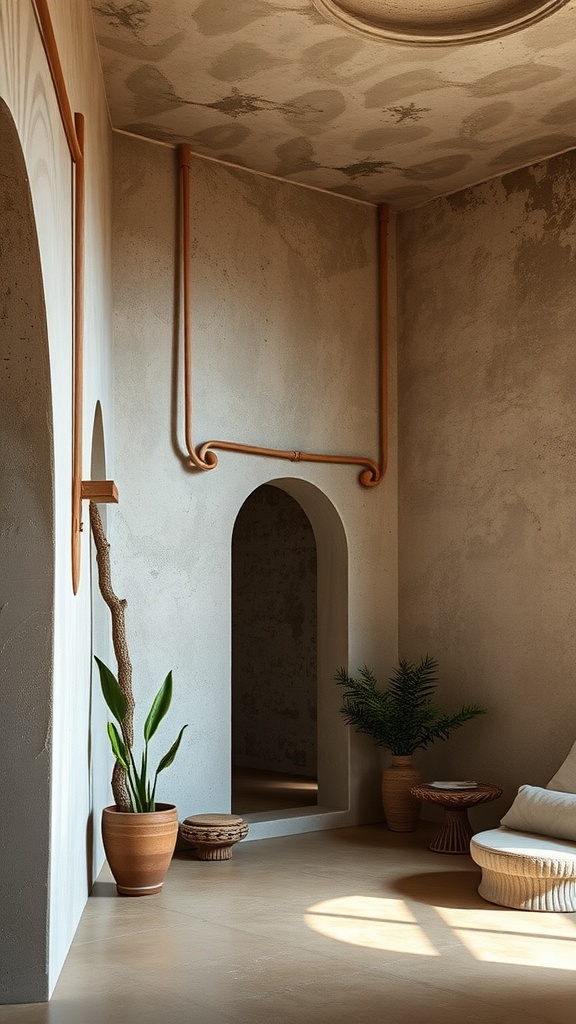 Interior space with concrete walls, featuring plants and stylish design elements.