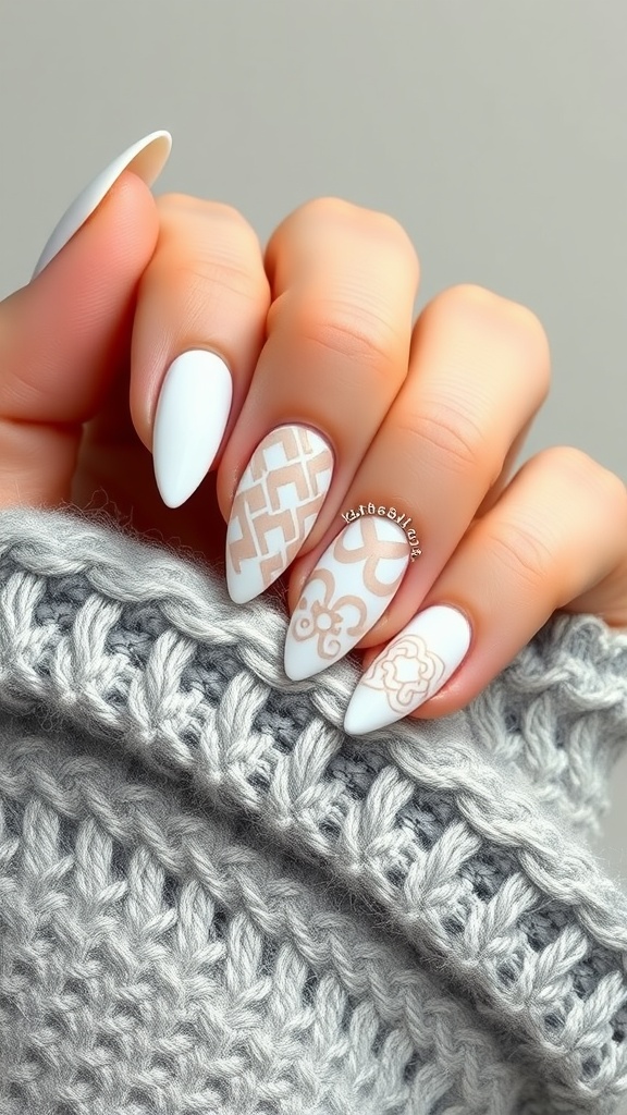 Close-up of beautifully designed white chrome nails with intricate patterns against a cozy grey background.