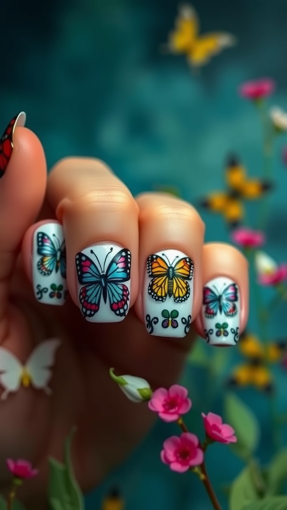 Colorful butterfly nail designs displayed on a hand surrounded by flowers