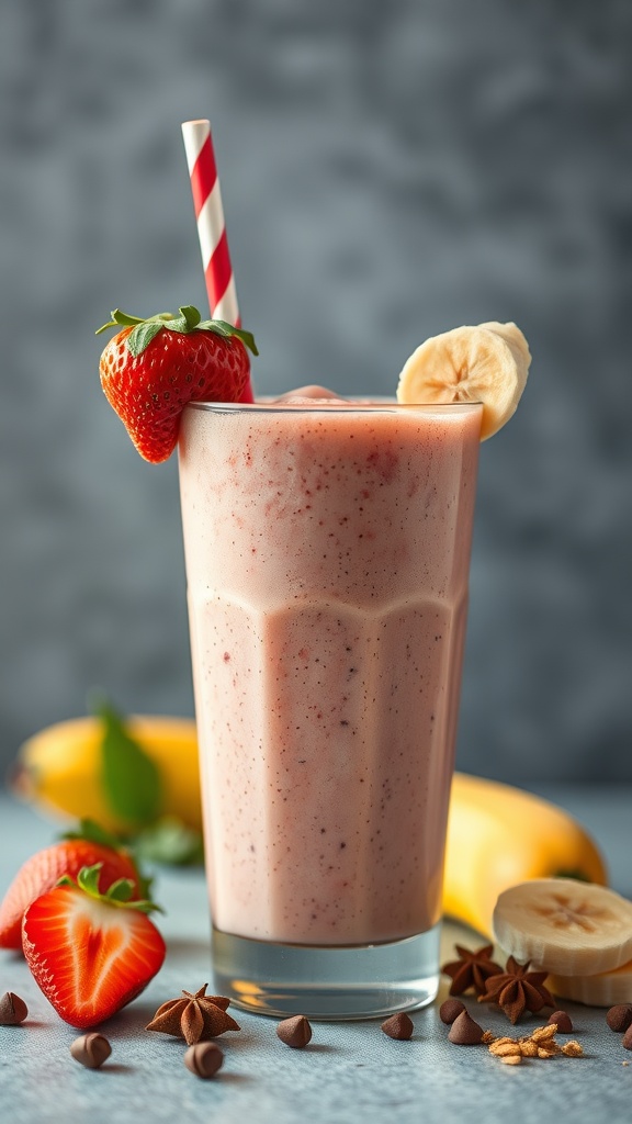 A refreshing strawberry banana smoothie in a glass with a striped straw, garnished with a strawberry and banana slice.