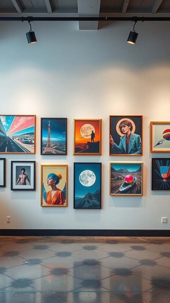 A gallery wall featuring various futuristic art pieces with bold colors and themes.