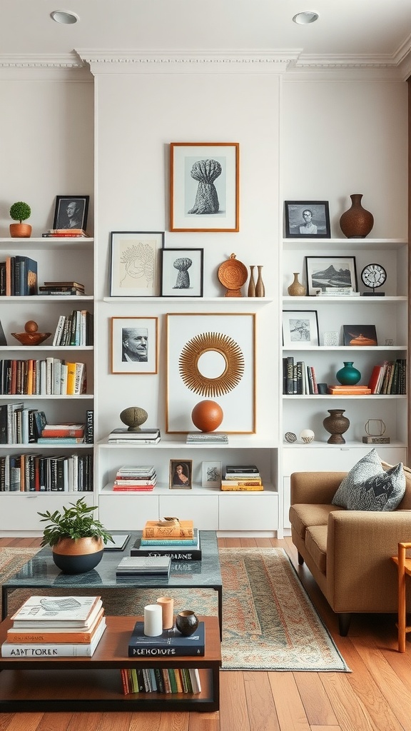 A modern interior featuring curated collections of books, art, and decorative items.