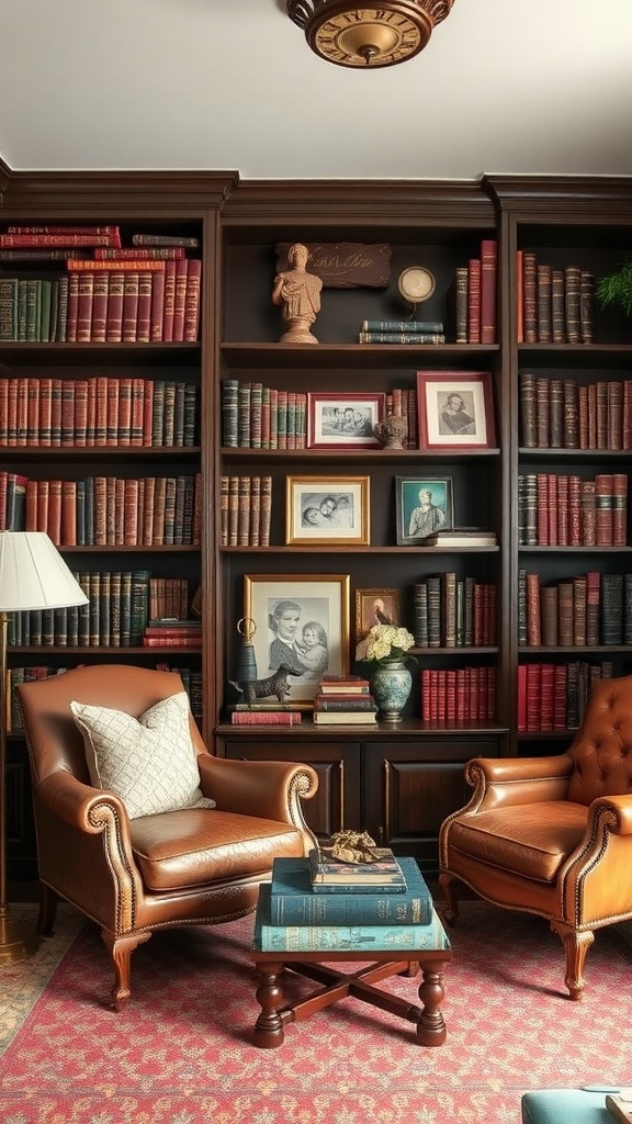 Bookshelves filled with vintage books and framed photographs in a cozy reading nook