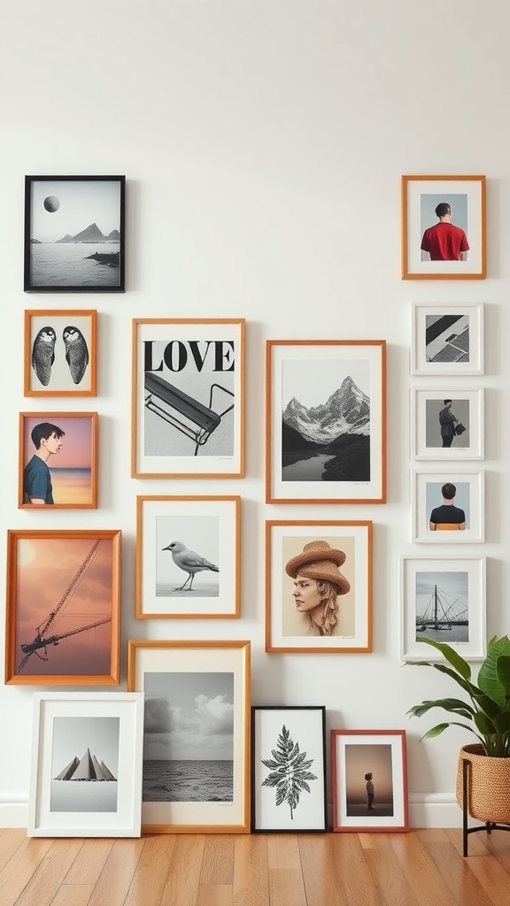 A gallery wall featuring various framed artworks and photographs on a light-colored wall.