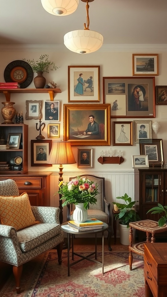 A cozy interior featuring a gallery wall with family portraits and decorative items.
