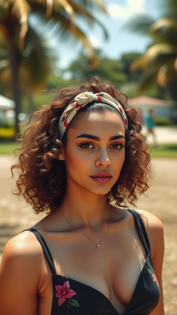 A woman with curly hair and a headband standing outdoors.
