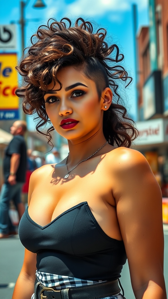 Woman with a curly mullet hairstyle, wearing a black top and standing outdoors.