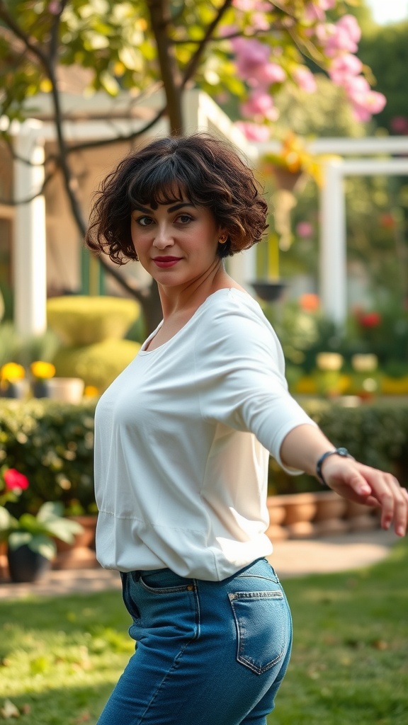 Woman with curly short hair and curtain bangs in a garden setting.