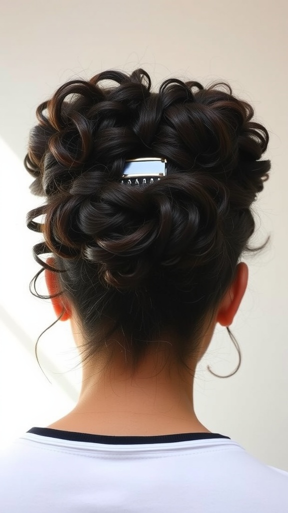 A curly updo secured with a claw clip, showcasing a stylish and casual hairstyle.