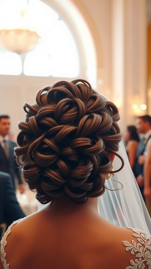 A woman with a voluminous curly updo, showcasing intricate styles suitable for medium length hair.