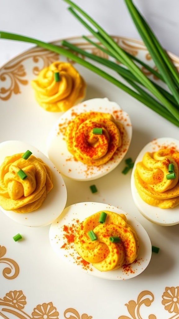 Curried Deviled Eggs with Chives on a decorative plate
