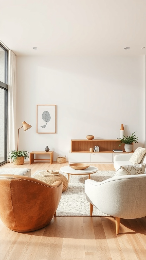 A cozy living room featuring curved chairs and soft edges in a Mediterranean interior design style.