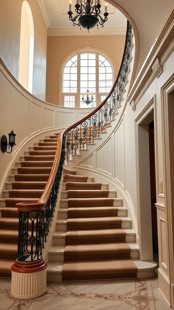 Interior view of a beautiful curved staircase with elegant handrail and carpet