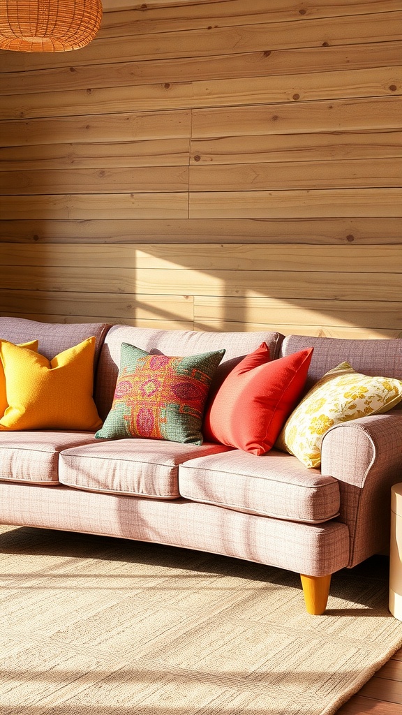 A cozy sofa with colorful cushions and pillows, featuring a warm wooden wall in the background.