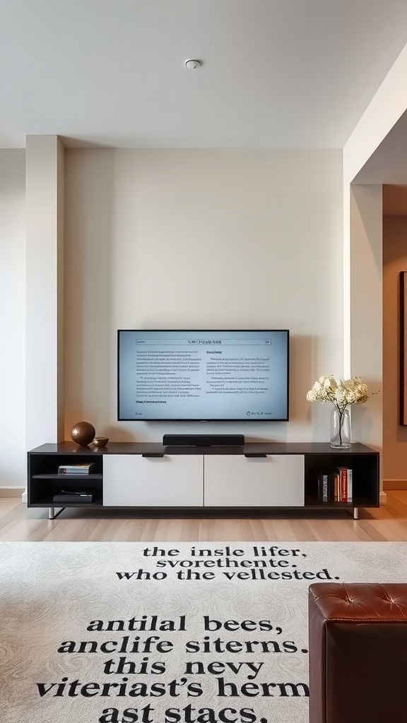 A modern living room featuring a custom-built TV unit with minimalist design.