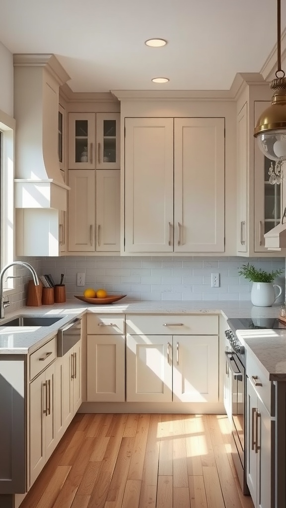 A modern kitchen featuring custom cabinetry with light-colored doors and wooden accents.