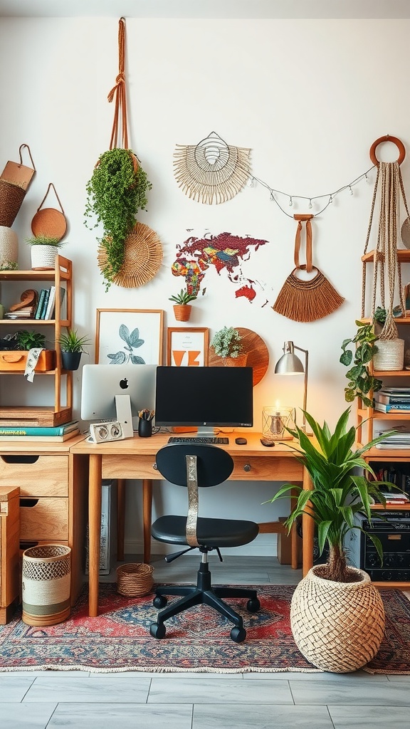 A cozy bohemian-inspired workspace featuring handmade decor and plants.