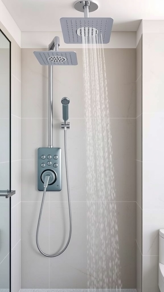 A modern shower system featuring dual showerheads and user-friendly controls