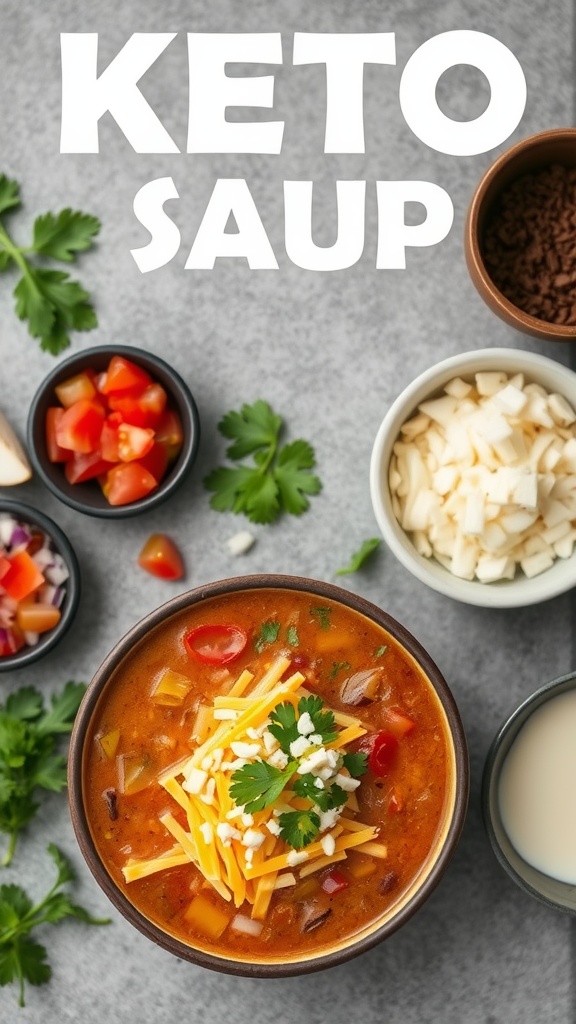 A bowl of keto taco soup topped with cheese and cilantro, surrounded by toppings.