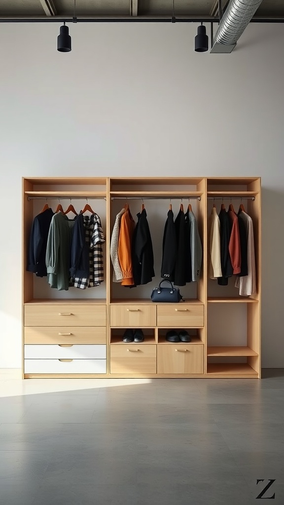 A modern wardrobe interior design featuring hanging clothes, drawers, and shelves.