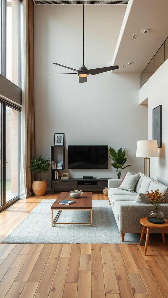 A bright, contemporary living room with wooden floors, large windows, and stylish furniture.