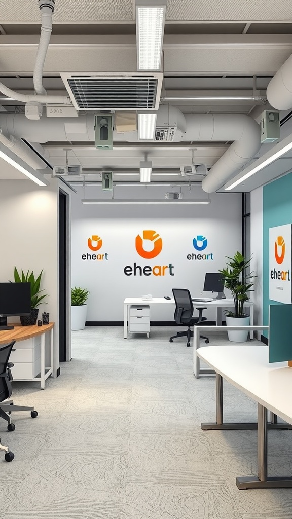 Modern office interior design featuring branding elements and plants.