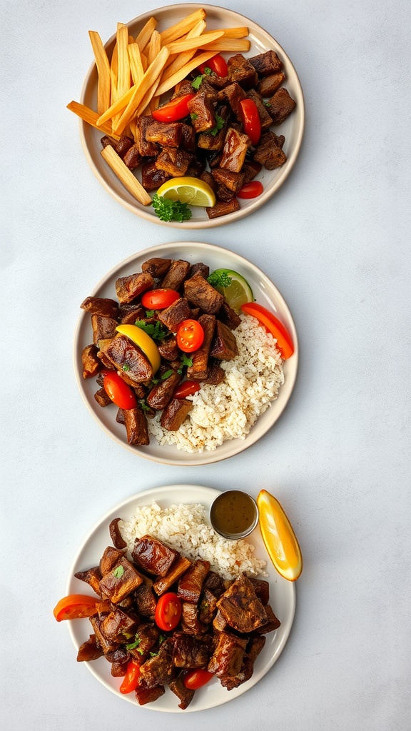 A colorful plate of lomo saltado with beef, onions, tomatoes, fries, and rice.