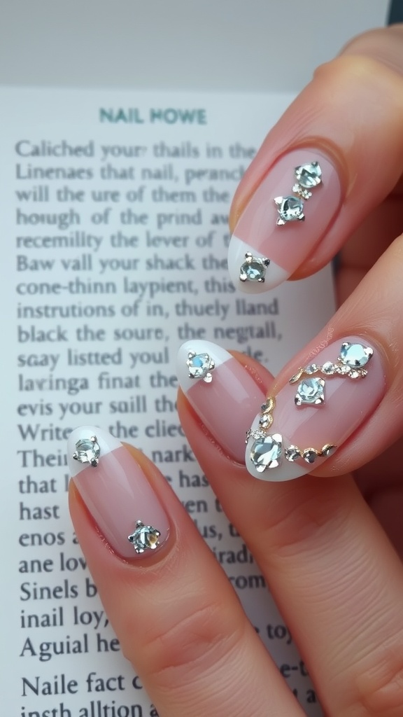 A close-up of oval nails decorated with jewels against a blurred background of text.