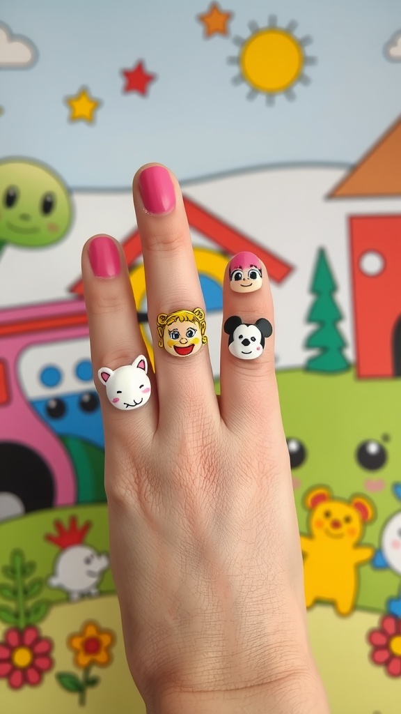 A hand showing cute cartoon character nail designs with pink polish.
