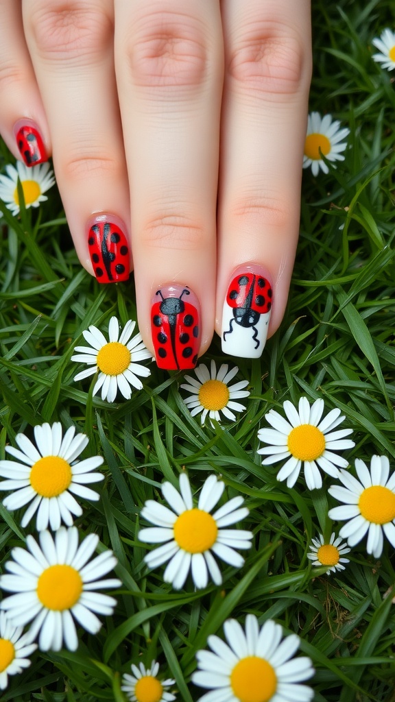 Close-up of hands with ladybug patterned nails on grass with daisies