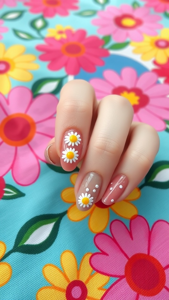 Close-up of a hand with daisy chain nail art on a floral background.